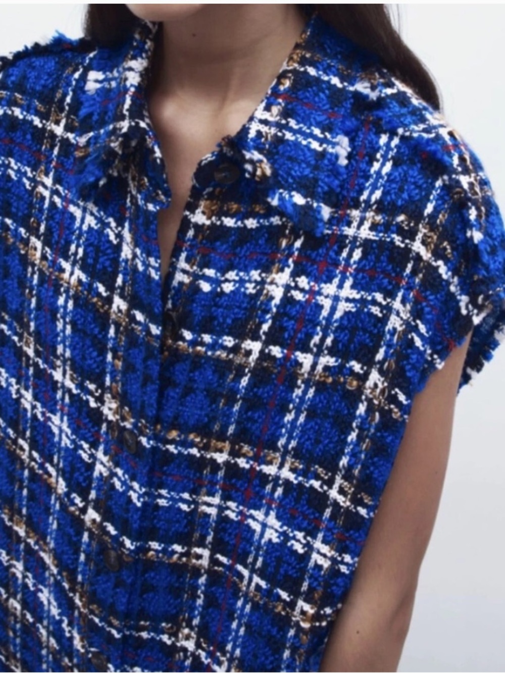 ZARA Blue Plaid Tweed Textured Sleeveless Button-Up dress, S - Picture 2 of 10